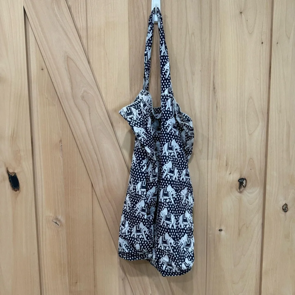 Madison Mathews Elephant Packable Tote Boho Bag Cloth Shoulder Bag Blue White